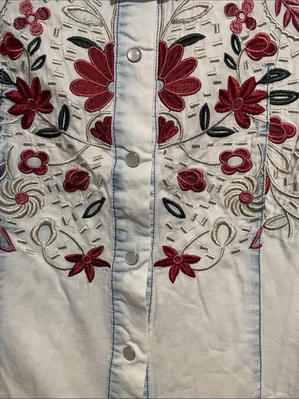 Lucky & Blessed Light Wash Denim Button-Down with Red Floral Embroidery - Picture 6 of 8
